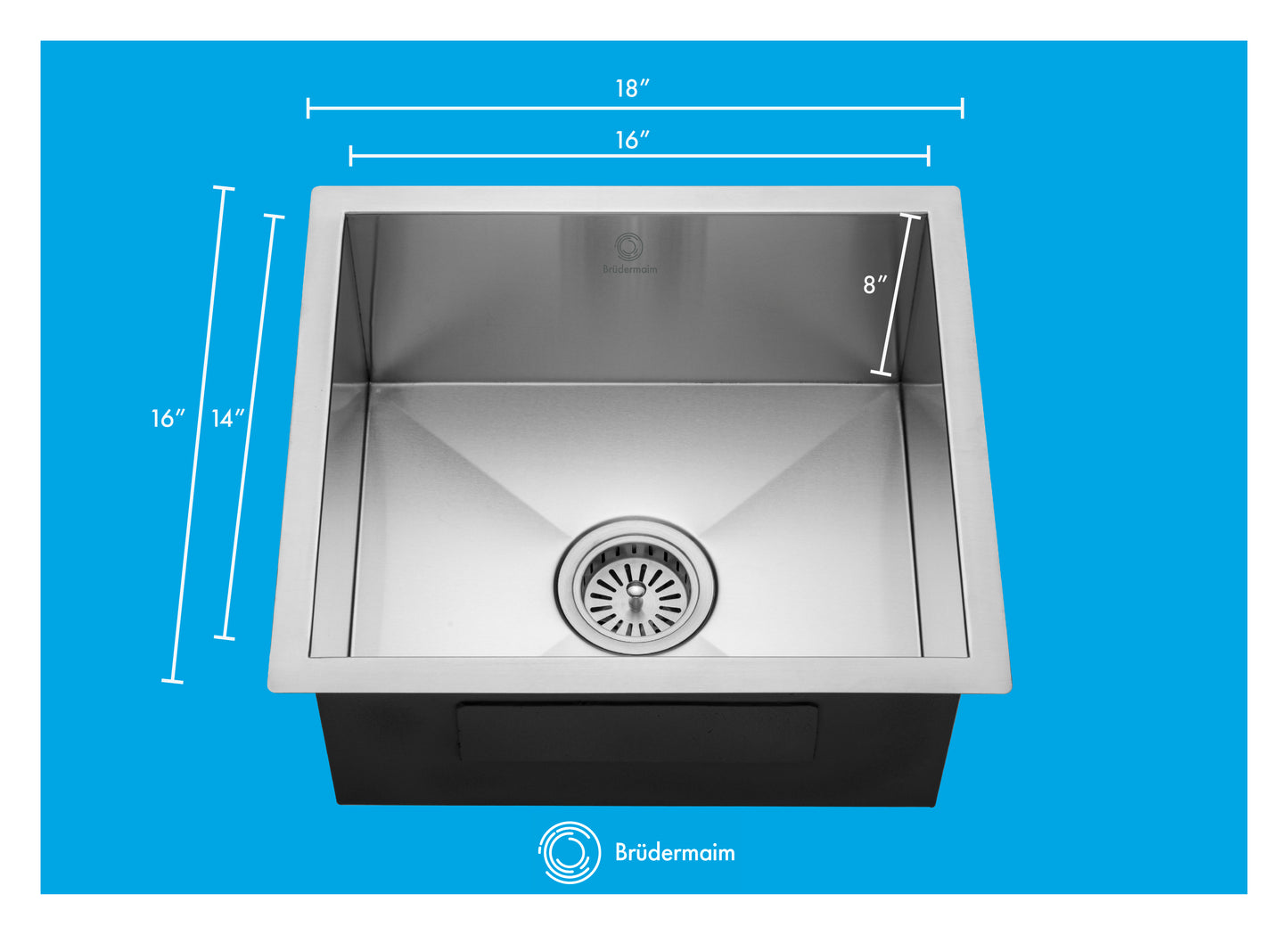 Kitchen Sink - Stainless Steel - BRUDERMAIM 18x16x8 Inch 16 gauge Handcrafted T304 Stainless Steel Undermount Kitchen Sink Zero Radius Single Bowl.