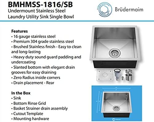 Kitchen Sink - Stainless Steel - BRUDERMAIM 30x18x9 Inch 16 gauge Handcrafted T304 Stainless Steel Undermount Kitchen Sink Zero Radius Single Bowl.