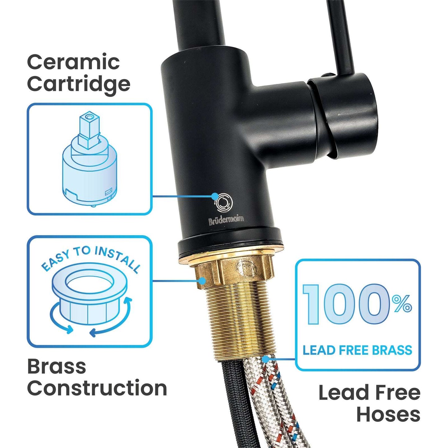 Pulldown Kitchen Faucet - BRÜDERMAIM Döretz - Matte Black - Lead Free Brass - cUPC Certified - Ceramic Cartridge.
