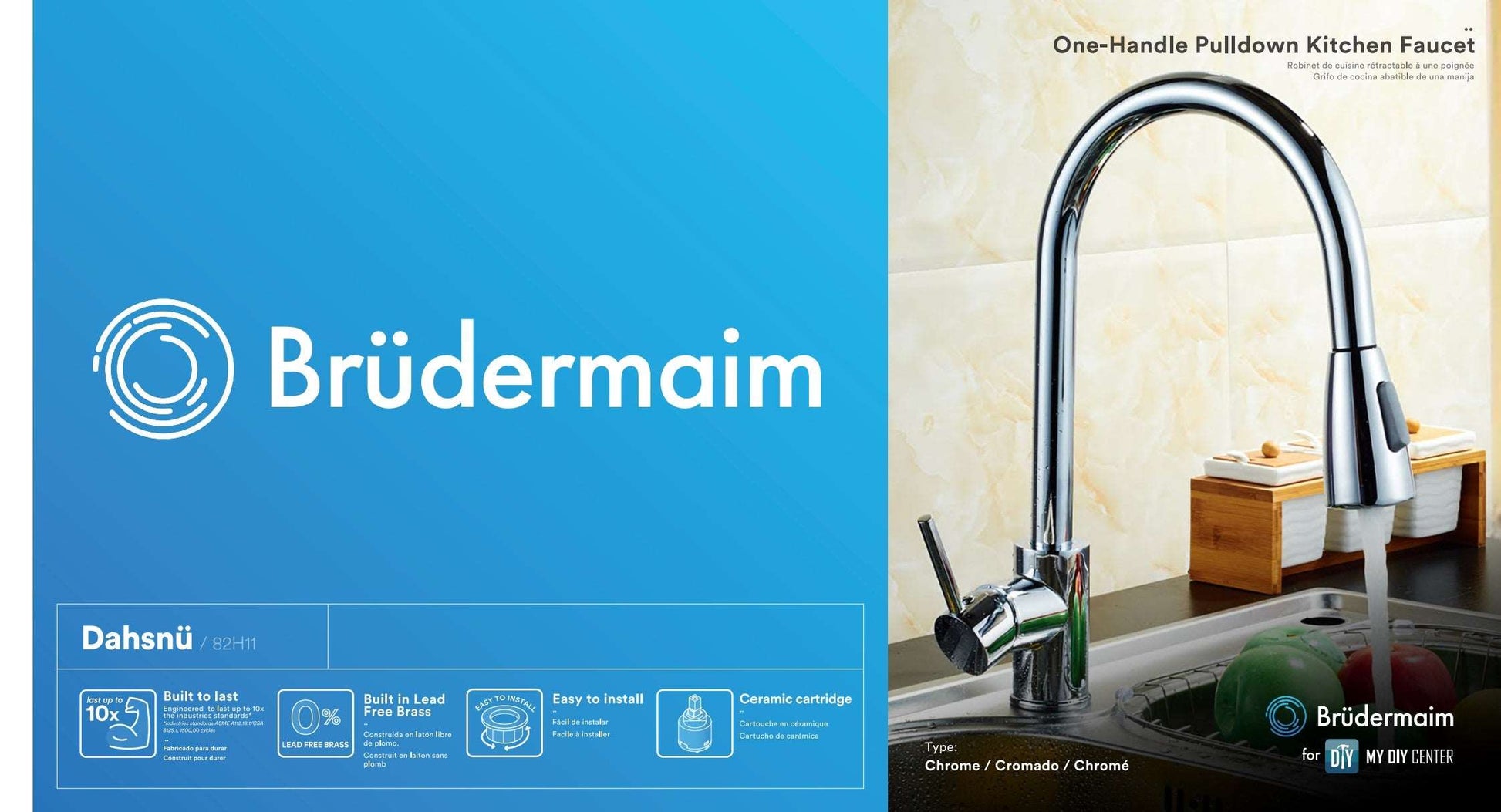 Pulldown Kitchen Faucet - BRÜDERMAIM Dahsnü  - Chrome - Lead Free Brass - cUPC Certified - Ceramic Cartridge.