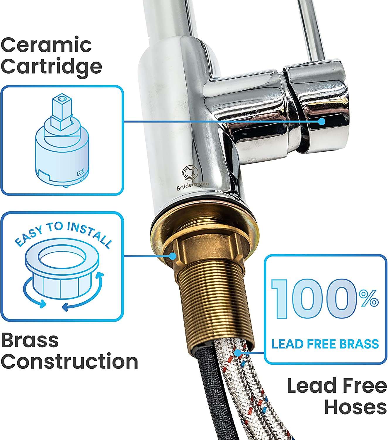 Pulldown Kitchen Faucet - BRÜDERMAIM Dahsnü  - Chrome - Lead Free Brass - cUPC Certified - Ceramic Cartridge.