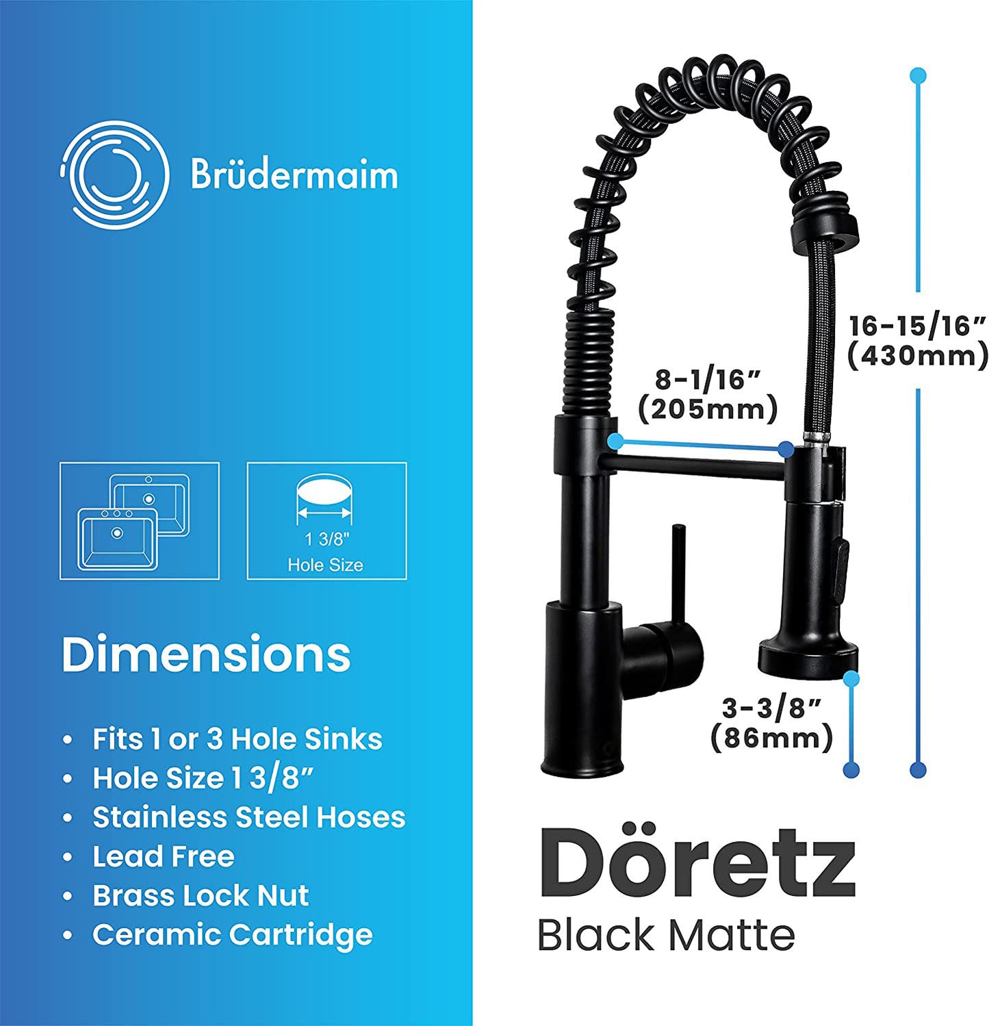 Pulldown Kitchen Faucet - BRÜDERMAIM Döretz - Matte Black - Lead Free Brass - cUPC Certified - Ceramic Cartridge.