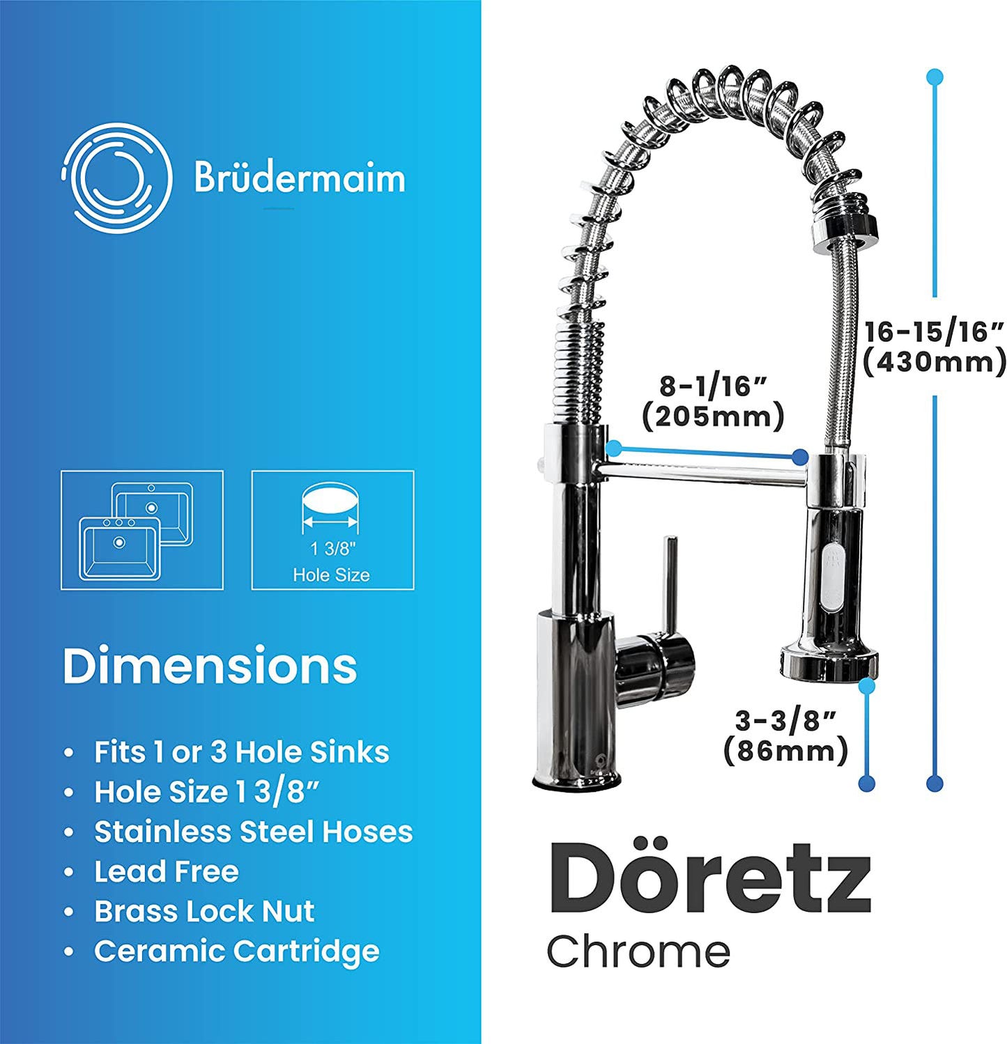 Pulldown Kitchen Faucet - BRÜDERMAIM Döretz - Chrome - Lead Free Brass - cUPC Certified - Ceramic Cartridge.