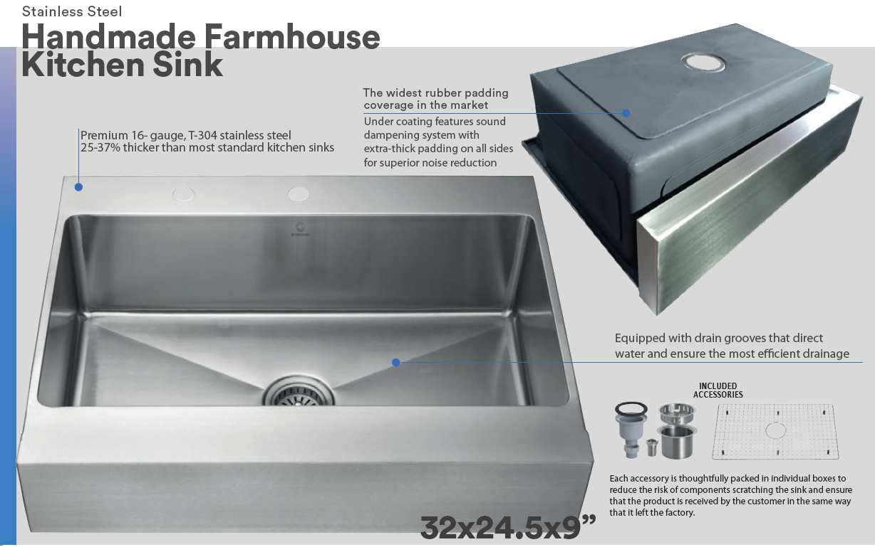 Kitchen Sink - Stainless Steel - BRUDERMAIM 32x25x9 Inch 16 gauge Handcrafted T304 Stainless Steel Farmhouse Apron Kitchen Sink Single Bowl.