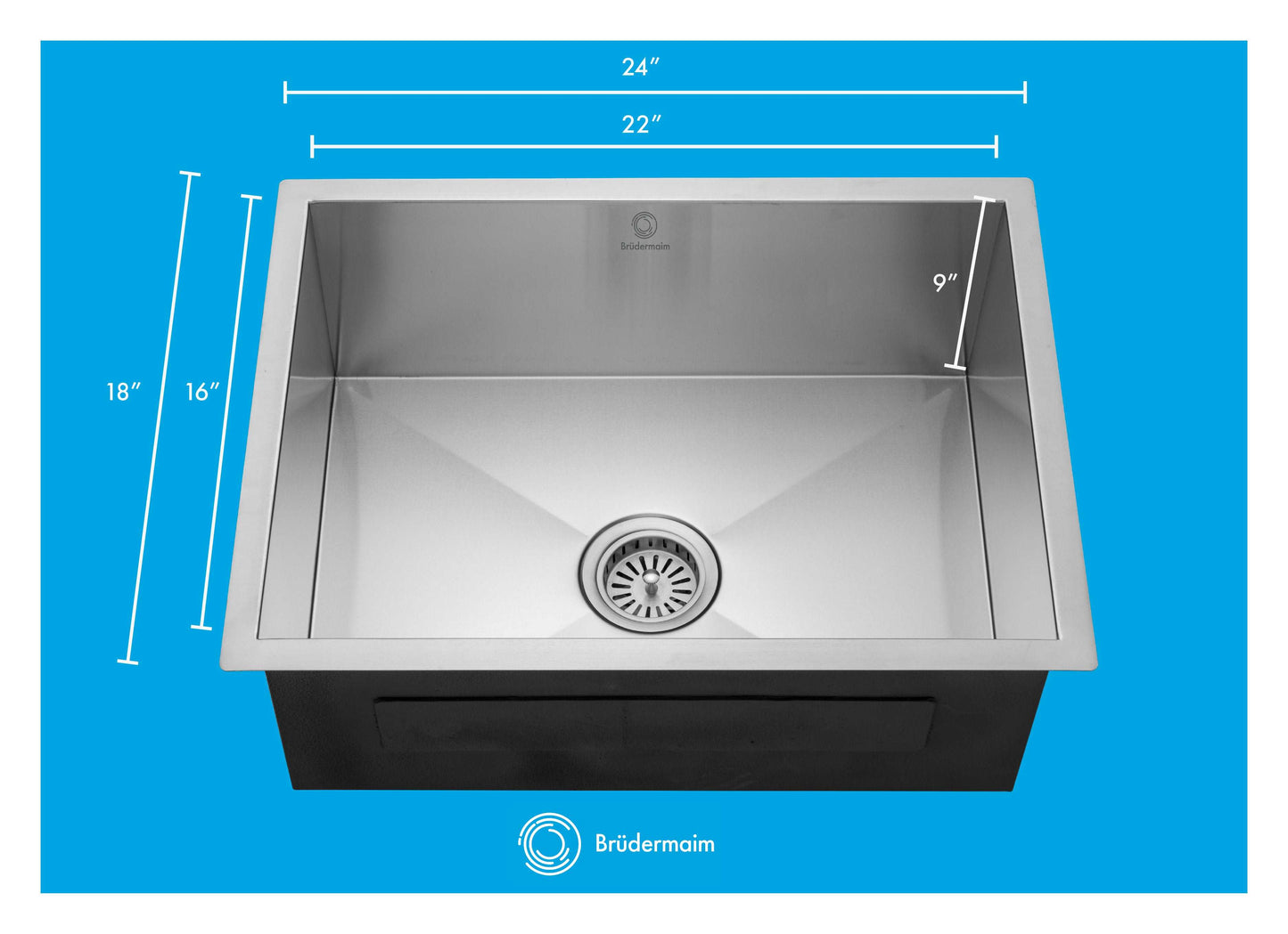 Kitchen Sink - Stainless Steel - BRUDERMAIM 24x18x9 Inch 16 gauge Handcrafted T304 Stainless Steel Undermount Kitchen Sink Zero Radius Single Bowl.