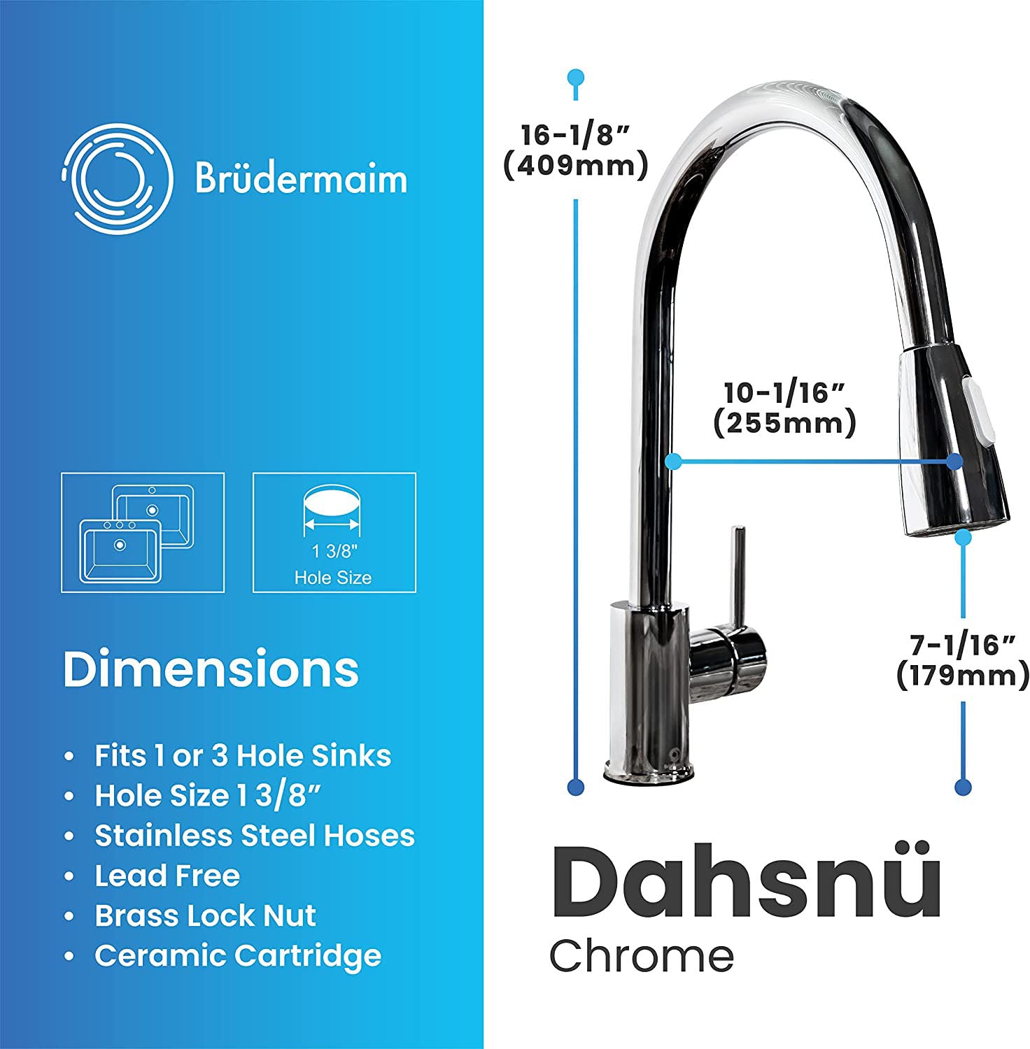 Pulldown Kitchen Faucet - BRÜDERMAIM Dahsnü  - Chrome - Lead Free Brass - cUPC Certified - Ceramic Cartridge.